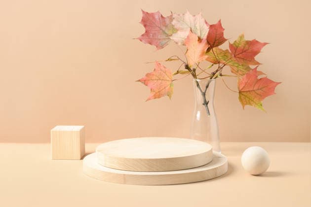 Steht für Produkte aus Holzmaterialien. Würfel, Kugel und Platte als Podest. Komposition mit Herbstblättern auf beigem Hintergrund. Stands for product of wooden natural materials. Cube, ball and plate as podium for goods. Composition with autumn leaves on beige background. (License=RF) Copyright: xZoonar.com SvetlanaxLazhkox 24774178