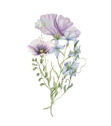 Aquarell Mohnstrauß. Wildblumenarrangement lila Mohnblumen mit Blau, vergiß mich nicht. Sommerliche Blumenkomposition Watercolor poppy bouquet. Wildflowers arrangement purple poppy flowers with blue forget me not. Summer floral composition Copyright: imageBROKER LiubovxPonomarchuk ibxiqx16979025.jpg
