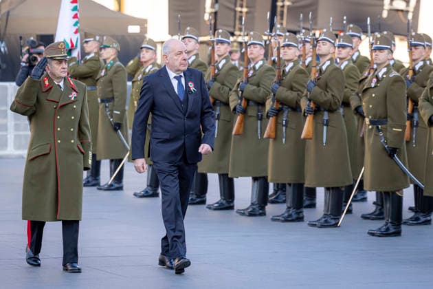 (260315) -- BUDAPEST, March 15, 2026 -- Hungarian President Tamas Sulyok (2nd L) attends a flag-raising ceremony marking the 178th anniversary of Hungary s 1848 revolution and freedom fight at the Kossuth Square in front of the parliament building in Budapest, Hungary on March 15, 2026. (Photo by Xinhua) HUNGARY-BUDAPEST-1848 REVOLUTION-COMMEMORATION BalazsxSzekelyhidi 