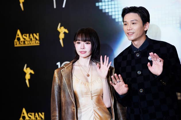 HONGKONG-ENT ASIA-FILM-AWARDS Actress Min-Chen Lina and Actor Kent Tsai posing for a photo at the Asian Film Awards in Hong Kong, March 15, 2026. NEXPHER Vernon Yuen Hong Kong