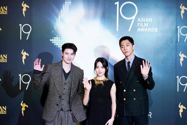 HONGKONG-ENT ASIA-FILM-AWARDS Actress Natalie Hsu, Actor Phiravich Attachitsataporn and Kent Tsaia posing for a photo at the Asian Film Awards in Hong Kong, March 15, 2026. NEXPHER Vernon Yuen Hong Kong