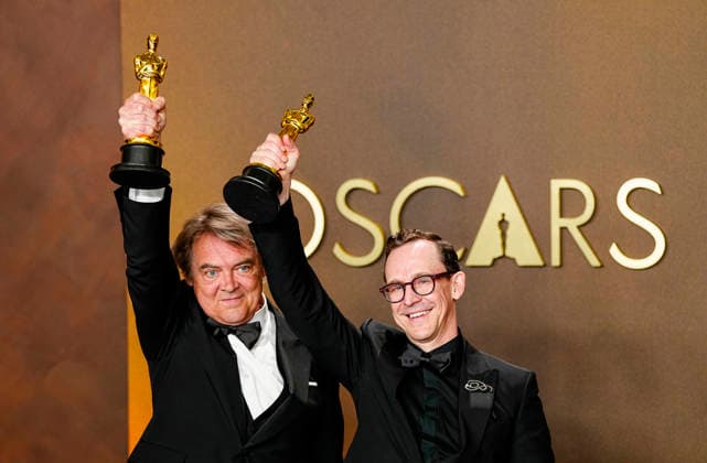Chris Lavis and Maciek Szczerbowski celebrate in the press photo room after winning the Best Animated Short Film Oscar for The Girl Who Cried Pearls during the 98th annual Academy Awards in the Hollywood section of Los Angeles on Sunday, March 15, 2026. Conan O Brien is hosting the Oscars for the second consecutive year.  LAP202603152307 BONNIExCASH