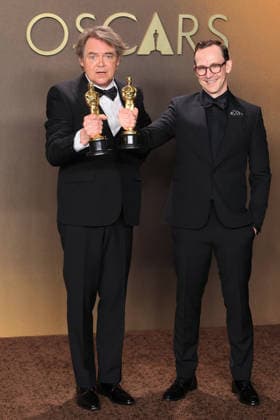 Chris Lavis (L) and Maciek Szczerbowski pose with the Oscar for best animated short film for The Girl Who Cried Pearls at the 98th Academy Awards ceremony in Los Angeles, USA March 15, 2026. 98th Academy Awards !ACHTUNG: NUR REDAKTIONELLE NUTZUNG!  Copyright: xArmandoxArorizox AME4300 20260316-55019711340_1