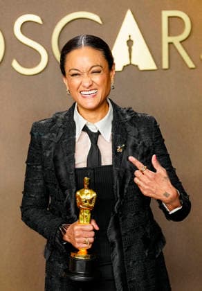 Autumn Durald Arkapaw celebrates in the press photo room after winning the Best Cinematography Oscar for Sinners during the 98th annual Academy Awards in the Hollywood section of Los Angeles on Sunday, March 15, 2026.  LAP20260315392 BONNIExCASH