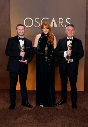 March 15, 2026, Hollywood, California, USA: (L-R) Mike Hill, Cliona Furey, and Jordan Samuel in the press room of the 98th Annual Academy Awards on Sunday March 15, 2026 at the Dolby Theater in Hollywood, California. BURT HARRIS BNS PI Hollywood USA  - ZUMAp124 20260315_zaa_p124_275 Copyright: xBurtxHarrisx