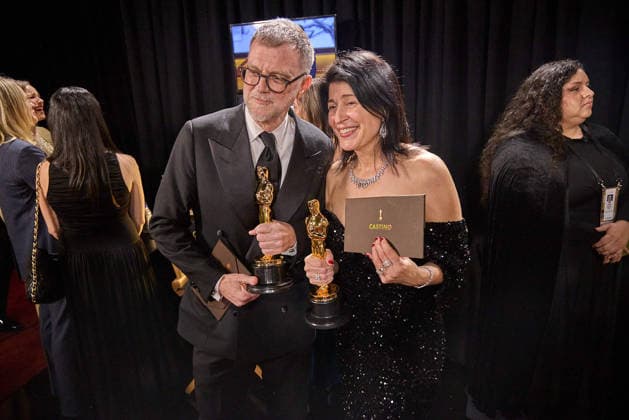 Paul Thomas Anderson and Cassandra Kulukundis pose backstage with the OscarÂ® for Adapted Screenplay and the OscarÂ® for Casting during the 98th OscarsÂ® at DolbyÂ® Theatre at Ovation Hollywood on Sunday, March 15, 2026. Los Angeles CA USA  350081199PLX