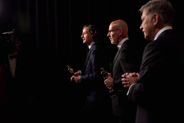 Conall Jones and Joshua Seftel pose backstage with the OscarÂ® for Documentary Short Film during the 98th OscarsÂ® at the DolbyÂ® Theatre at Ovation Hollywood on Sunday, March 15, 2026. Los Angeles CA USA  350081291PLX