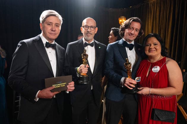 Steve Hartman, Joshua Seftel, Conall Jones, and Gloria Cazares pose backstage with the OscarÂ® for Documentary Short Film during the 98th OscarsÂ® at the DolbyÂ® Theatre at Ovation Hollywood on Sunday, March 15, 2026. Los Angeles CA USA  350081331PLX