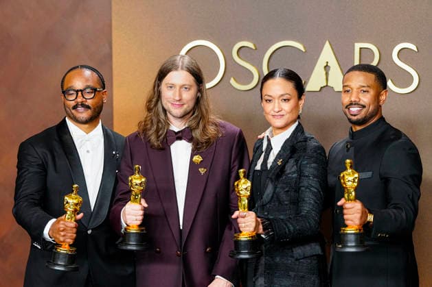 Sinners Oscar winners Ryan Coogler, Best Original Screenplay (L), Ludwig Goransson, Best Original Score, Autumn Durald Arkapaw, Best Cinematography, and Michael B. Jordan, Best Actor in a Leading Role (R) celebrate in the press photo room during the 98th annual Academy Awards in the Hollywood section of Los Angeles on Sunday, March 15, 2026.  LAP2026031543723 BONNIExCASH