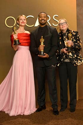 HOLLYWOOD, CA - MARCH 15: Jessie Buckley, Michael B. Jordan and Amy Madigan in the press room at the 98th Oscars at Dolby Theatre on March 15, 2026 in Hollywood, California. Copyright: xMediaPunchx
