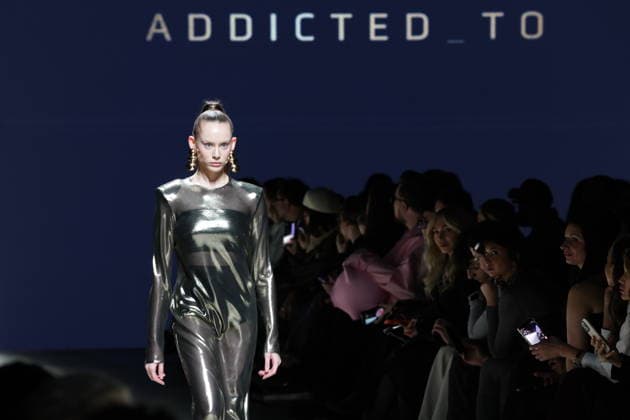 RUSSIA, MOSCOW - MARCH 16, 2026: A model showcases creations during a runway show for Addicted_to as part of the 6th Moscow Fashion Week at the Manege Central Exhibition Hall (Moscow Manege) Moscow Russia  - ZUMAt113 20260316_zaa_t113_282 Copyright: xValeryxSharifulinx