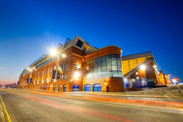 Creative Highlights World Evening lights shine at Ibrox Stadium, home of Rangers Football Club in Glasgow, Scotland Copyright: JohnxGuidi 1237-944