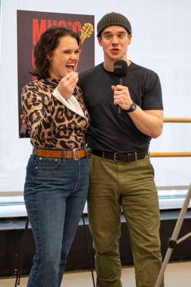 March 16, 2026, New York, New York, USA: CASEY SHULER and STEPHEN MICHAEL SPENCER have a bit of fun while doing interviews at Ripley Grier Studios in New York to celebrate the Off-Broadway Musical, Music City. 16 March 2026. New York USA - ZUMAa265 20260316_zep_a265_060 Copyright: xEricxAcquayex