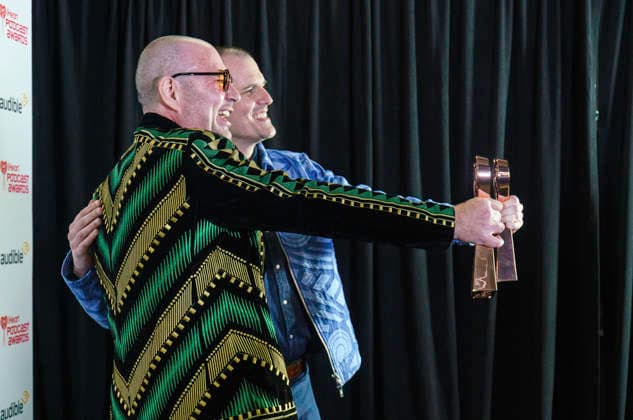 March 16, 2026: Austin, Texas. 2026 IHeartPodcast Awards, winners pose with their awards. Ben Mandelker & Ronnie Karam - Watch What Crappens Best TV & Film.  - ZUMAda1_ 20260316_zap_da1_071 Copyright: xSandraxDahdahx