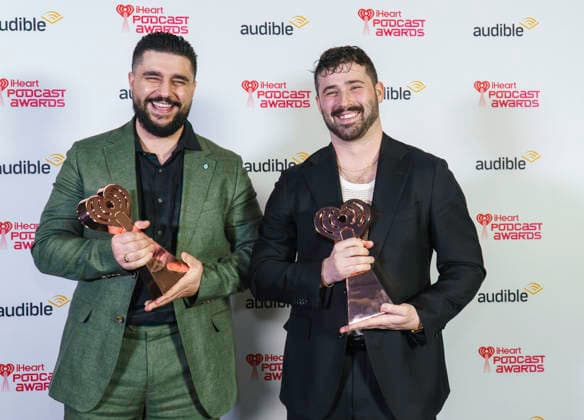 March 16, 2026: Austin, Texas. 2026 IHeartPodcast Awards, winners pose with their awards. Joe Santagato & Frankie Alvarez - for Best Comedy & Best Ensemble, - The Basement Yard. - ZUMAda1_ 20260316_zap_da1_079 Copyright: xSandraxDahdahx