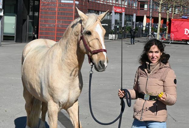 Pferdetrainerin und Reiterin Kenzie Dysli mit ihrem Pferd Camillo bei der Pressekonferenz zur Pferdeshow CAVALLUNA Tor zur Anderswelt die im Mai in Köln gastiert.