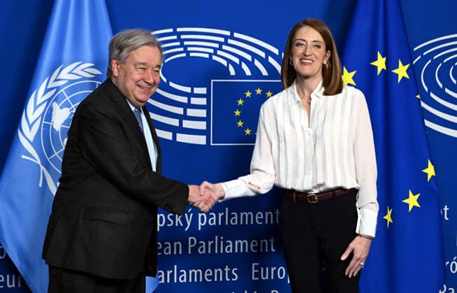 News Bilder des Tages UN Secretary-General Antonio Guterres in Brussels BRUSSELS, BELGIUM - MARCH 18: UN Secretary-General Antonio Guterres (L) meets with European Parliament President Roberta Metsola (R) in Brussels, Belgium, on March 18, 2026. Dursun Aydemir Anadolu Brussels Belgium. Editorial use only. Please get in touch for any other usage.  Copyright: x2026xAnadoluxDursunxAydemirx