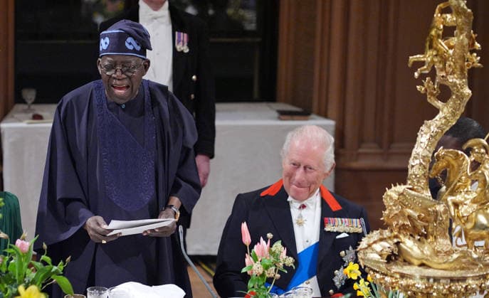 . 18 03 2026. Windsor , United Kingdom. King Charles III ,Queen Camilla, Prince William and Kate Middleton, the Prince and Princess of Wales, with President of Nigeria Bola Ahmed Tinubu and First Lady Oluremi Tinubu at a State Banquet at Windsor Castle, on the first day of their state visit to the UK.  xi-Imagesx xPoolx IIM-26645-0153
