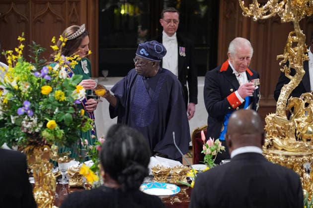 . 18 03 2026. Windsor , United Kingdom. King Charles III ,Queen Camilla, Prince William and Kate Middleton, the Prince and Princess of Wales, with President of Nigeria Bola Ahmed Tinubu and First Lady Oluremi Tinubu at a State Banquet at Windsor Castle, on the first day of their state visit to the UK.  xi-Imagesx xPoolx IIM-26645-0155