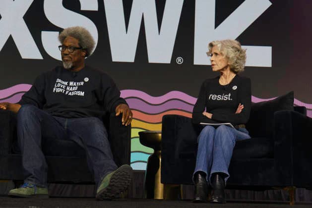 March 18, 2026: Austin, Texas. W. Kamau Bell, left, and Jane Fonda take part in the keynote Say It Louder: Artists, Activism & the First Amendment at the SXSW Conference. - ZUMAda1_ 20260318_zap_da1_006 Copyright: xSandraxDahdahx