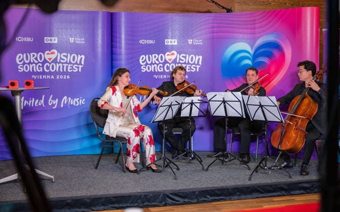 20260319 ESC Medienupdate WIEN, OESTERREICH - 19. MAERZ: ORF Radio-Symphonieorchester Wien waehrend des Mediengespraechs anlaesslich eines ORF Updates zum 70. Eurovision Song Contest vom 12. bis zum 16. Mai 2026 in Wien im Foyer der Halle F der Wiener Stadthalle am 19. Maerz 2026 in Wien, Oesterreich. 260319_SEPA_17_006 Copyright: xIsabellexOuvrardx SEPAxMedia