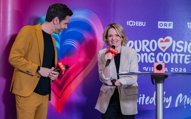 20260319 ESC Medienupdate WIEN, OESTERREICH - 19. MAERZ: Journalist, Moderator, ORF-Kommentator und Host des Mediengespraechs Philipp Maschl und ORF Fernseh-Programmdirektorin Stefanie Groiss-Horowitz waehrend des Mediengespraechs anlaesslich eines ORF Updates zum 70. Eurovision Song Contest vom 12. bis zum 16. Mai 2026 in Wien im Foyer der Halle F der Wiener Stadthalle am 19. Maerz 2026 in Wien, Oesterreich. 260319_SEPA_17_028 Copyright: xIsabellexOuvrardx SEPAxMedia