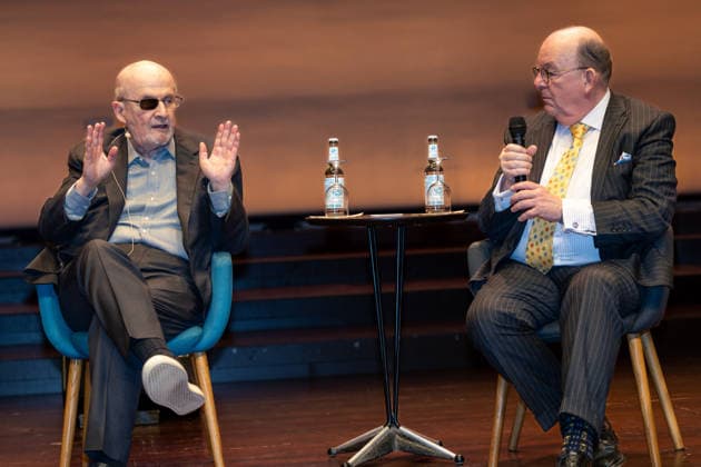 Salman Rushdie, Kurator DENIS SCHECK; Die elfte Stunde, Salman Rushdie bei LIT:Potsdam, am 19.03.2026 in Potsdam, (LIT), Deutschland