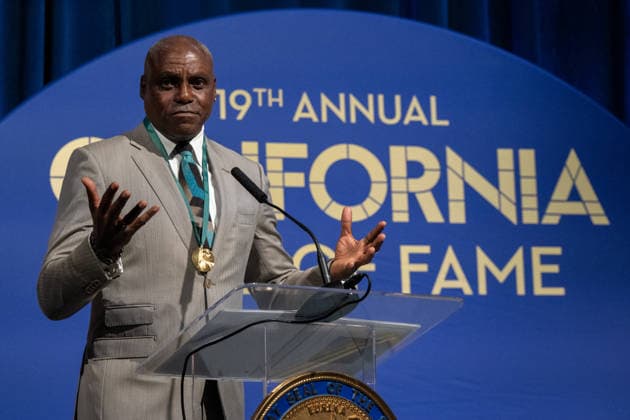 March 19, 2026, Sacramento, Ca, USA: Olympian Carl Lewis delivers his acceptance speech during the induction of the 19th class to the California Hall of Fame at the California Museum on Thursday, March 19, 2026, in Sacramento. Sacramento USA - ZUMAj89_ 20260319_zaf_j89_025 Copyright: xPaulxKitagakixJr.x