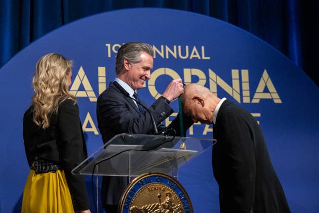 March 19, 2026, Sacramento, Ca, USA: Gov. Gavin Newsom place medal on world-renowned sushi chef and restaurateur, Nobu Matsuhisa, alongside First Partner Jennifer Siebel Newsom during the induction of the 19th class to the California Hall of Fame at the California Museum on Thursday, March 19, 2026, in Sacramento. Sacramento USA - ZUMAj89_ 20260319_zaf_j89_024 Copyright: xPaulxKitagakixJr.x