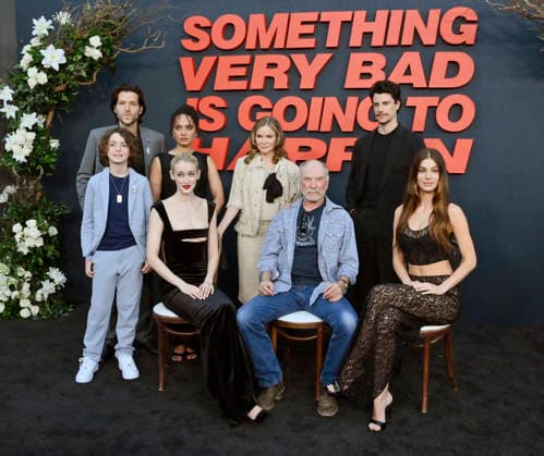 Cast members Sawyer Fraser, Jeff Wilbusch, Gus Birney, Jennifer Jason Leigh, Ted Levine, Adam DiMarco and Camila Morrone (L-R) attend Netflix s TV mini series Something Very Bad Is Going to Happen at the Egyptian Theatre in the Hollywood section of Los Angeles on Thursday, March 19, 2026. Storyline: A bride has a feeling that something horrifying will happen at her wedding Ñ and the closer to the altar she gets, the worse it becomes.  LAP2026031936 JIMxRUYMEN