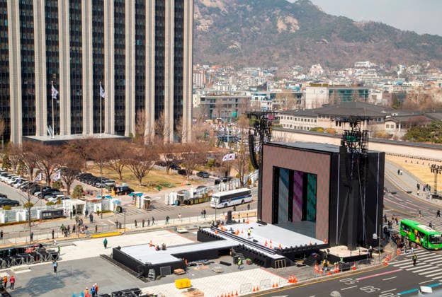 BTS s upcoming comeback concert, Mar 20, 2026 : The stage for BTS s comeback concert in front of Gwanghwamun, the main gate of Gyeongbok Palace in central Seoul, South Korea. BTS s comeback concert will be held at Gwanghwamun Square on March 21, a day after the K-Pop boy band released its fifth full-length album, ARIRANG .  aflo_324180733