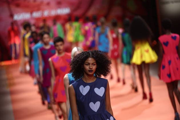Agatha Ruiz de la Prada fashion show at Mercedes Benz Fashion Week in Madrid Several models during an Agatha Ruiz de la Prada fashion show at Mercedes Benz Fashion Week, March 20, 2026, in Madrid Spain The Madrid-based designer Agatha Ruiz de la Prada, a Spanish fashion icon for her pop universe of vibrant colors and geometric shapes, presents her spring summer 2026 collection at MBFWMadrid, Spanish fashion icon for her pop universe of vibrant colors and geometric shapes, presents at MBFWMadrid her spring summer collection 2026, created with the support of artificial intelligence and faithful to her unmistakable hearts and playful volumes at IFEMA Madrid 20 MARCH 2026 Madrid Madrid Madrid Spain  Copyright: xEduardoxParrax 7383015