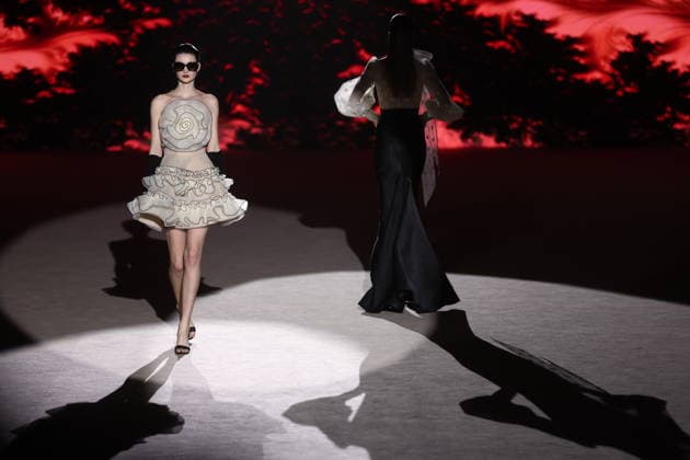 Hannibal Laguna fashion show at Mercedes Benz Fashion Week Madrid Models at a Hannibal Laguna fashion show during Mercedes Benz Fashion Week, March 20, 2026, in Madrid Spain The designer Hannibal Laguna, master of womens couture and benchmark of handcrafted luxury, presents at MBFWMadrid his spring summer collection 2026 Lazuliflow, inspired by the shades of blue and the movement of the sea, in the framework of the great catwalk of IFEMA Madrid 20 MARCH 2026 FASHION Madrid Madrid Espana  Copyright: xEduardoxParrax 7383211