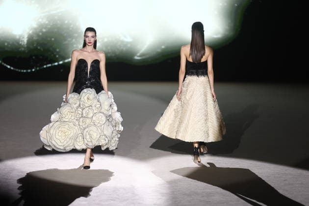 Hannibal Laguna fashion show at Mercedes Benz Fashion Week Madrid Models at a Hannibal Laguna fashion show during Mercedes Benz Fashion Week, March 20, 2026, in Madrid Spain The designer Hannibal Laguna, master of womens couture and benchmark of handcrafted luxury, presents at MBFWMadrid his spring summer collection 2026 Lazuliflow, inspired by the shades of blue and the movement of the sea, in the framework of the great catwalk of IFEMA Madrid 20 MARCH 2026 FASHION Madrid Madrid Espana  Copyright: xEduardoxParrax 7383212