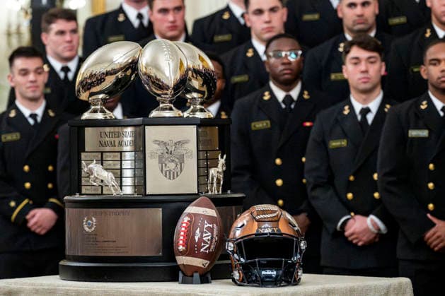 The Commander in Chiefs Trophy is seen before President Donald Trump presents it to the Navy Midshipmen Football team in the East Room of the White House in Washington, DC on Friday, March 20, 2026. The award is presented annually to the winner of the football competition between the Navy, Air Force and Army. Navy has won the trophy back to back years and 13 times over the last 23 years.  WAP202603201148 BONNIExCASH