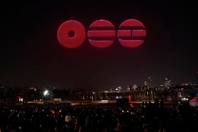 BTS Concert Eve Drone Light Show A celebratory drone light show illuminates the night sky on the eve of a concert by K-pop group BTS for their new full-length album in Seoul, South Korea, March 20, 2026. The upcoming concert at Gwanghwamun Square, celebrating the release of their new album, marks the first time all members will perform together in four years. Seoul South Korea  Copyright: xMatrixxImages JungxUi-Chelx
