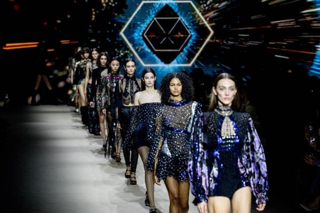 Custo Barcelona fashion show at Mercedes Benz Fashion Week Madrid Several models during the Custo Barcelona fashion show at Mercedes Benz Fashion Week Madrid, March 20, 2026, in Madrid Spain The Catalan firm, led by designer Custo Dalmau, presents at MBFWMadrid its new collection We Own the Light, a proposal of free spirit and vibrant graphics that claims the light as a symbol of energy and identity on the great catwalk of IFEMA Madrid 20 MARCH 2026 FASHION SHOW DESIGNER CUSTO MBFW Madrid Madrid Madrid Spain  Copyright: xRicardoxRubiox 7383533