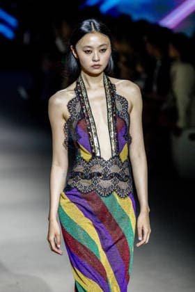 Custo Barcelona fashion show at Mercedes Benz Fashion Week Madrid A model during the Custo Barcelona fashion show at Mercedes Benz Fashion Week Madrid, March 20, 2026, in Madrid Spain The Catalan firm, led by designer Custo Dalmau, presents at the MBFWMadrid its new collection We Own the Light, a proposal of free spirit and vibrant graphics that claims the light as a symbol of energy and identity on the great catwalk of IFEMA Madrid 20 MARCH 2026 FASHION SHOW DESIGNER CUSTO MBFW Madrid Madrid Madrid Spain  Copyright: xRicardoxRubiox 7383538