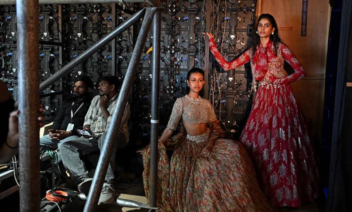 March 21, 2026, Mumbai, Maharashtra, India: Models (R) pose for a photo in-between their show at the Lakme Fashion Week (LFW) in Mumbai. Mumbai India - ZUMAs197 20260321_aaa_s197_101 Copyright: xAshishxVaishnavx