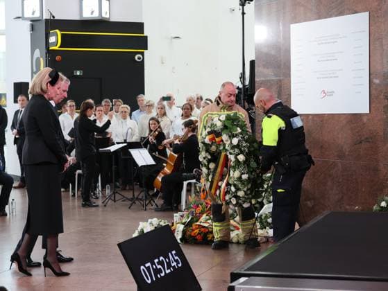Queen Mathilde and King Philippe - Filip of Belgium pictured during the commemoration of the 22 03 2016 terror attacks in Brussels Airport, Sunday 22 March 2026 in Zaventem. On March 22 2016, 32 people were killed and 324 got injured in suicide bombings at Zaventem national airport and Maalbeek Maelbeek metro station, which were claimed by ISIL.  BENOITxDOPPAGNE 168533218