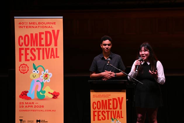 MELBOURNE COMEDY FESTIVAL LAUNCH, Australian comedians Stell Wu (left) and Mali Hawke during the launch of the 2026 Melbourne International Comedy Festival at Melbourne Town Hall, in Melbourne, Monday, March 23, 2026. ( NO ARCHIVING MELBOURNE VICTORIA AUSTRALIA  Copyright: xJAMESxROSSx 20260323114772431793