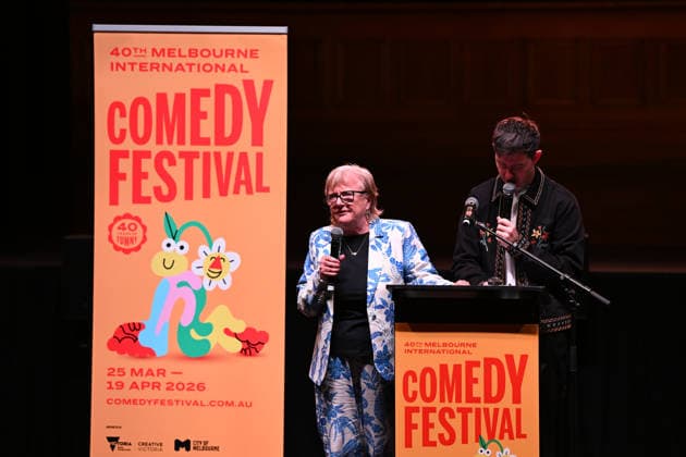 MELBOURNE COMEDY FESTIVAL LAUNCH, Australian stand-up comedian, Denise Scott and Nath Valvo during the launch of the 2026 Melbourne International Comedy Festival at Melbourne Town Hall, in Melbourne, Monday, March 23, 2026. ( NO ARCHIVING MELBOURNE VICTORIA AUSTRALIA  Copyright: xJAMESxROSSx 20260323160872301316