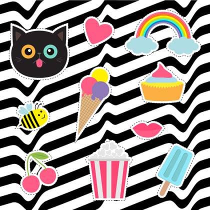 Quirky Cartoon Sticker Patch Badges Set Fashion Quirky cartoon sticker patch badges set Fashion pin collection Cat heart rainbow cloud cupcake bee ice cream popcorn lips cherry White black wave abstract line optical background Flat Copyright: xWorldofvectorx