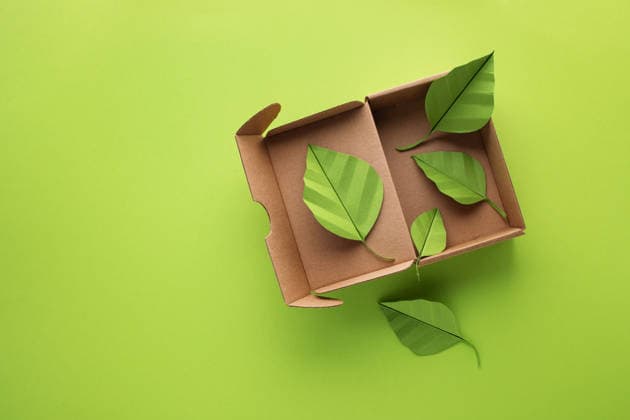 Ökologische Kartonverpackung aus recycelbaren Bio-Materialien mit grünen Blattmotiven. Umweltfreundliche Verpackung, abfallfrei und ohne Plastik. Eco opened cardboard box from recyclable organic materials with paper green leafs. Eco friendly package, zero waste and plastic free concept. (License=RF) Copyright: xZoonar.com JuliaxSudnitskayax 24815962