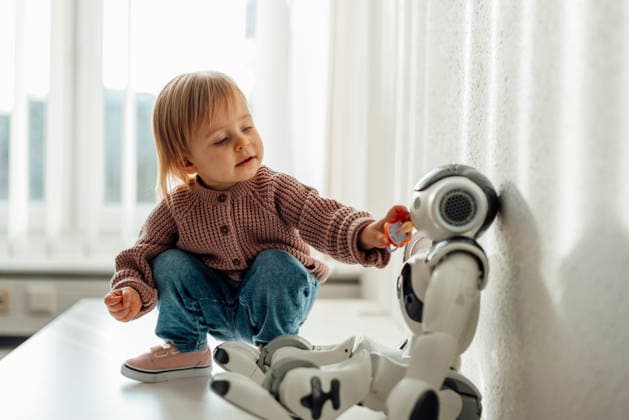 Child interacting with robot in medical setting emphasizing AI trust model released, Symbolfoto property released, RAYF01680