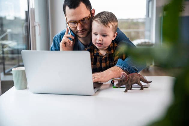 Father and son working and playing together at home office model released, Symbolfoto property released, UUF36511