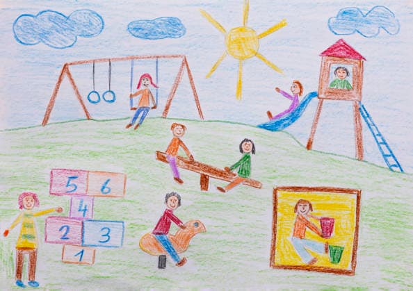 Naive illustration of children playing at a colorful playground property released, WWF07104