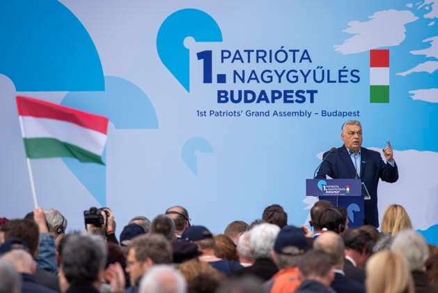 EU Patriots for Orban, Budapest, Hungary UNGARN, 23.03.2026, Budapest II. Bezirk: 1. Generalversammlung der Patrioten , MP Orbans rechtsextremer Parteienfamilie im EU-Parlament. Sie sind zusammengekommen, um Orban ihrer Unterstuetzung zu versichern vor den ungarischen Parlamentswahlen am 12. April 2026. MP Viktor Orban. Die Presse ist auf einer Tribuene hinter dem Publikum weggesperrt. 1st general assembly of the Patriots , PM Orban s far right family of parties in the EU parliament. They have gathered to assure Orban of their support in the run-up to the parliamentary elections on April 12. PM Viktor Orban. The press is locked into a compound behind the audience. Â *** EU Patriots for Orban, Budapest, Hungary HUNGARY Copyright: MartinxFejer estost.net Fejer26032318