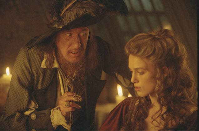 2003 - Pirates Of The Caribbean: The Curse Of The Black Pearl - Movie Set Jun 28, 2003; Los Angeles, CA, USA; Actor GEOFFREY RUSH stars as Barbossa and KEIRA KNIGHTLEY as Elizabeth Swann in the Walt Disney Pictures fantasy adventure move, Pirates of the Caribbean. Hollywood CA USA Copyright: xWaltxDisneyxPicturesx