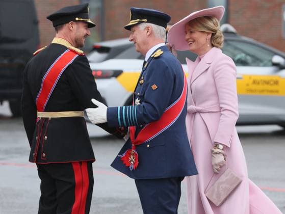 Crown Prince Haakon Magnus of Norway welcomes King Philippe - Filip of Belgium and Queen Mathilde of Belgium at the arrival at Oslo airport on the first day of the official state visit of the Belgian royal couple to Norway, on Tuesday 24 March 2026. Belgian monarchs are on an official state visit to Norway from 24 to 26 March 2026.  BENOITxDOPPAGNE 168745455